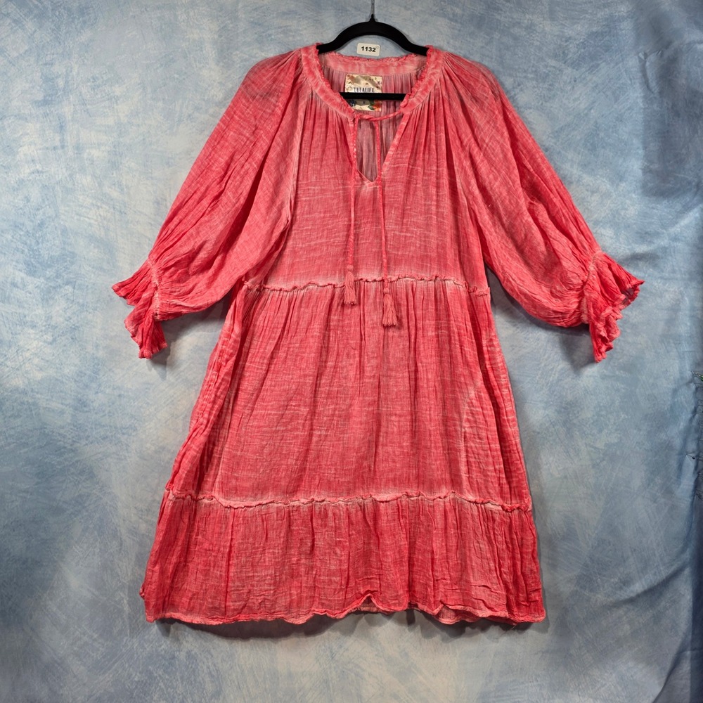 Lulalife Pink Acid Wash Tiered Boho Midi Dress Womens Size M Tassel Tie Peasant
